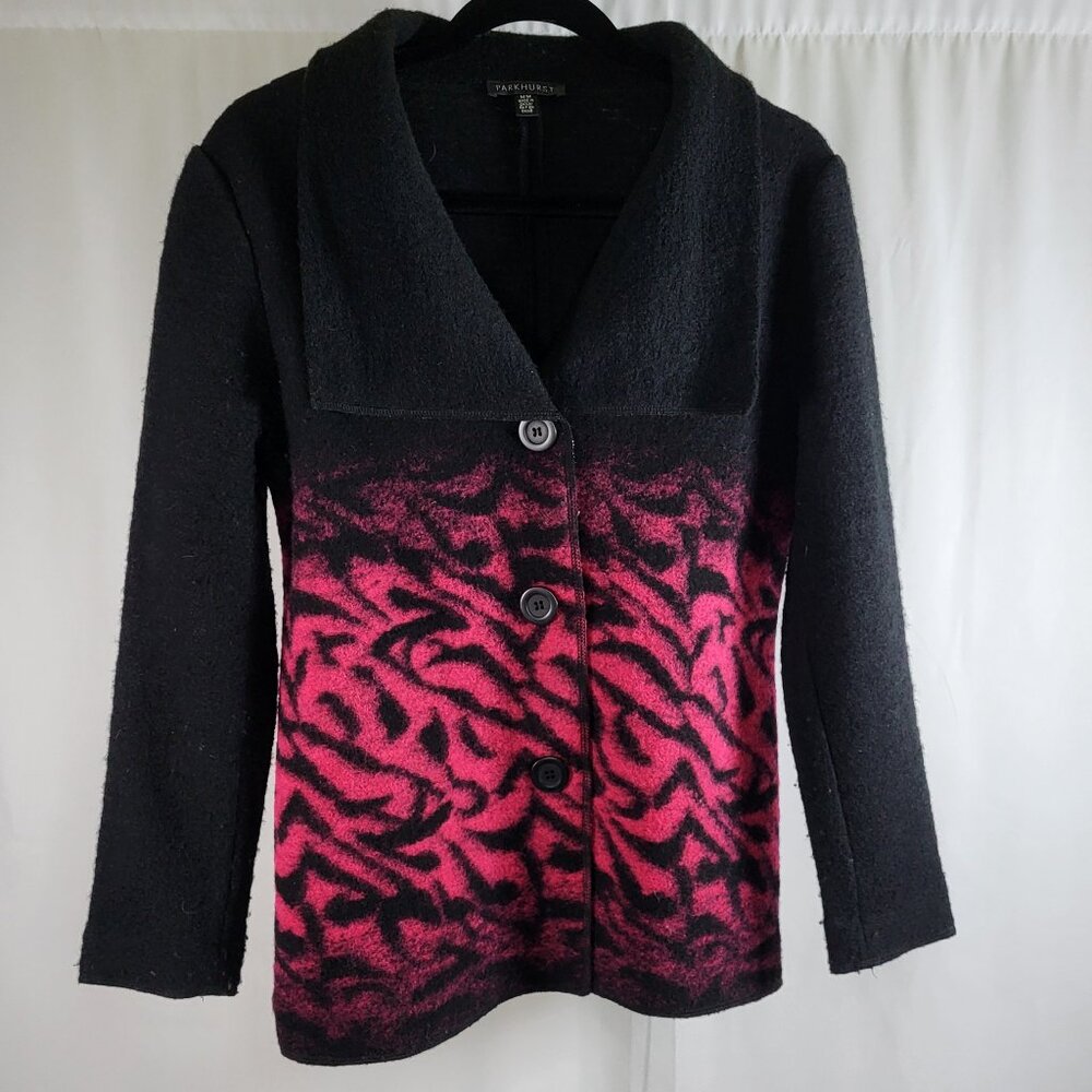 Parkhurst Women’s Black & Pink Animal Print Knit Sweater Jacket Cardigan  Medium